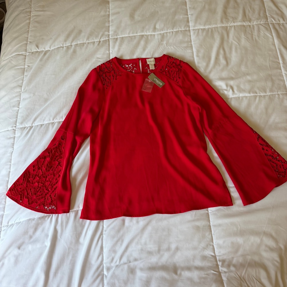 Chicos Novelty Cut Out Top Chinese Red Bell Sleeve Lace Blouse 570193406 Size 0
